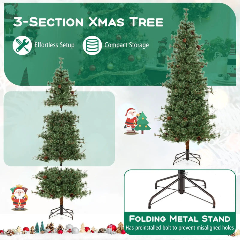 6/7/8 Feet Artificial Christmas Tree Pre-lit Hinged Xmas Tree with Warm White LED Lights and Pine Cones by DirectDeals