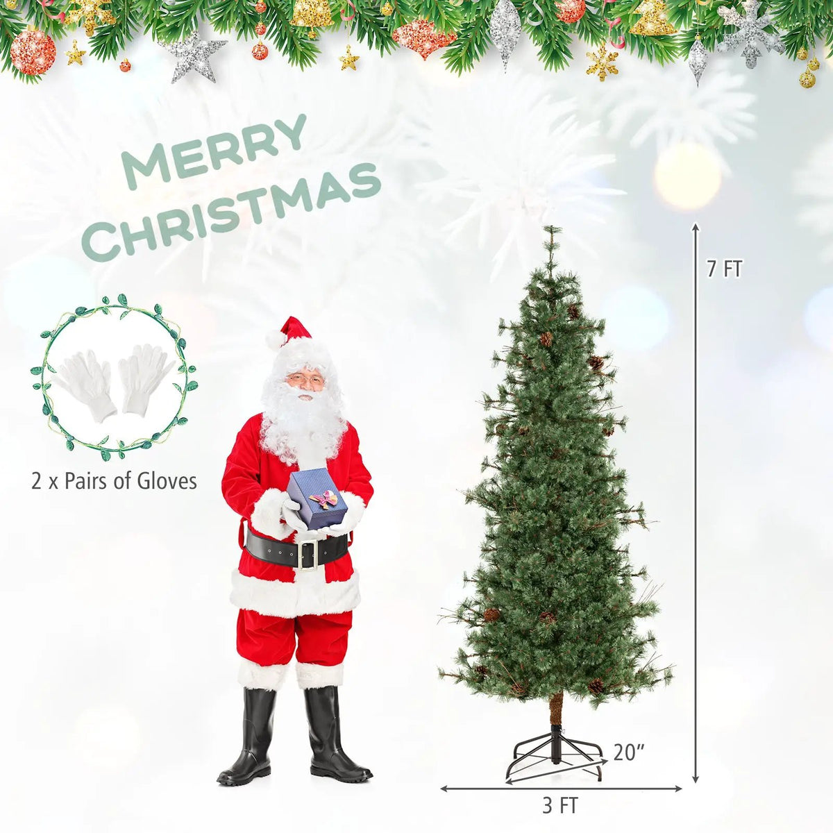6/7/8 Feet Artificial Christmas Tree Pre-lit Hinged Xmas Tree with Warm White LED Lights and Pine Cones, photo 2 of 24