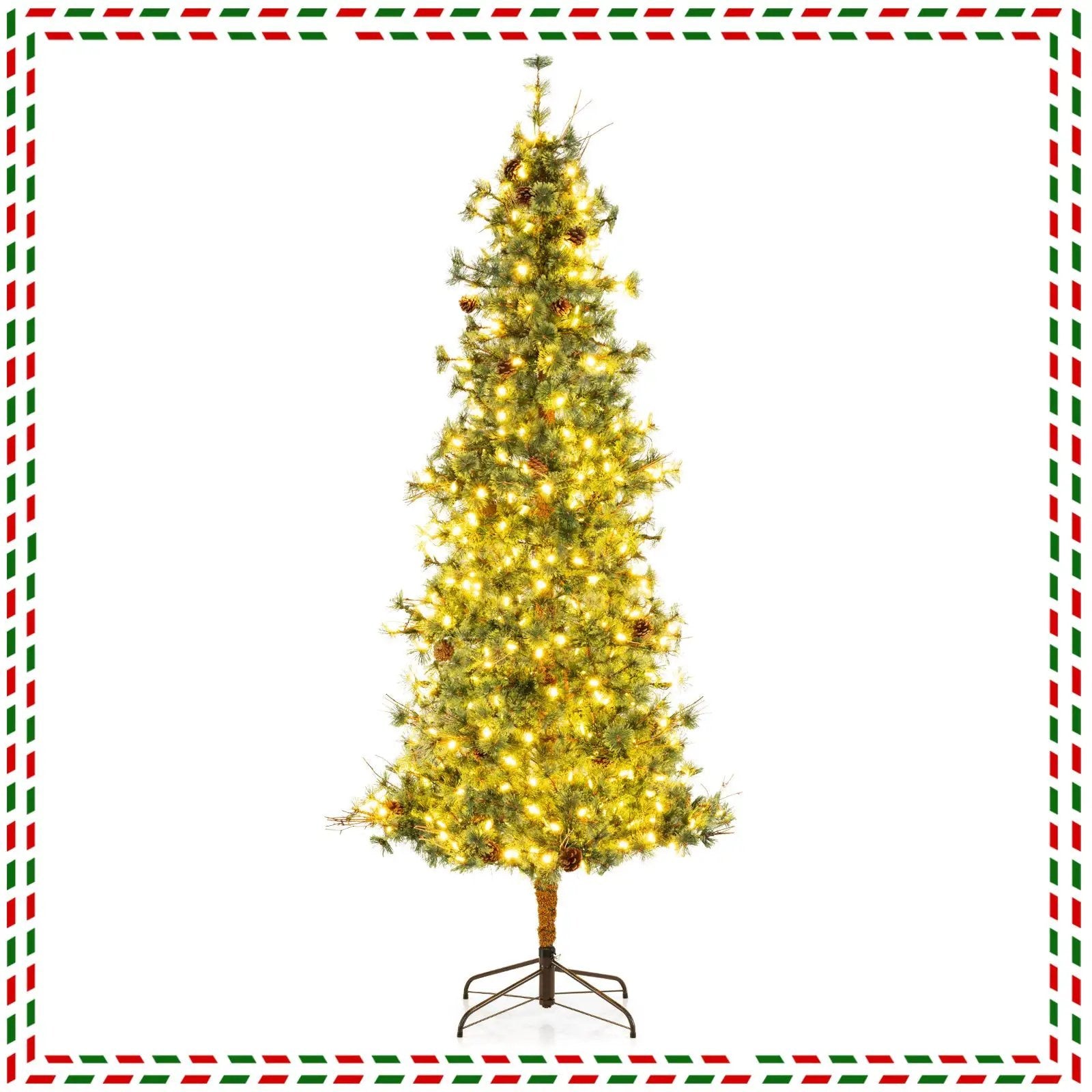 6/7/8 Feet Artificial Christmas Tree Pre-lit Hinged Xmas Tree with Warm White LED Lights and Pine Cones by DirectDeals