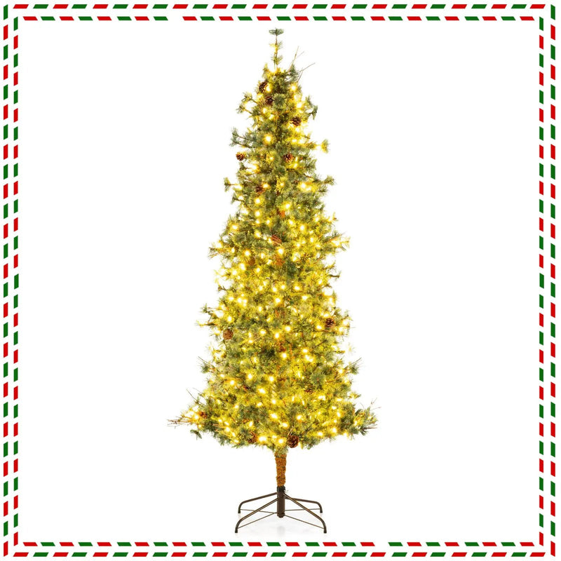 6/7/8 Feet Artificial Christmas Tree Pre-lit Hinged Xmas Tree with Warm White LED Lights and Pine Cones by DirectDeals