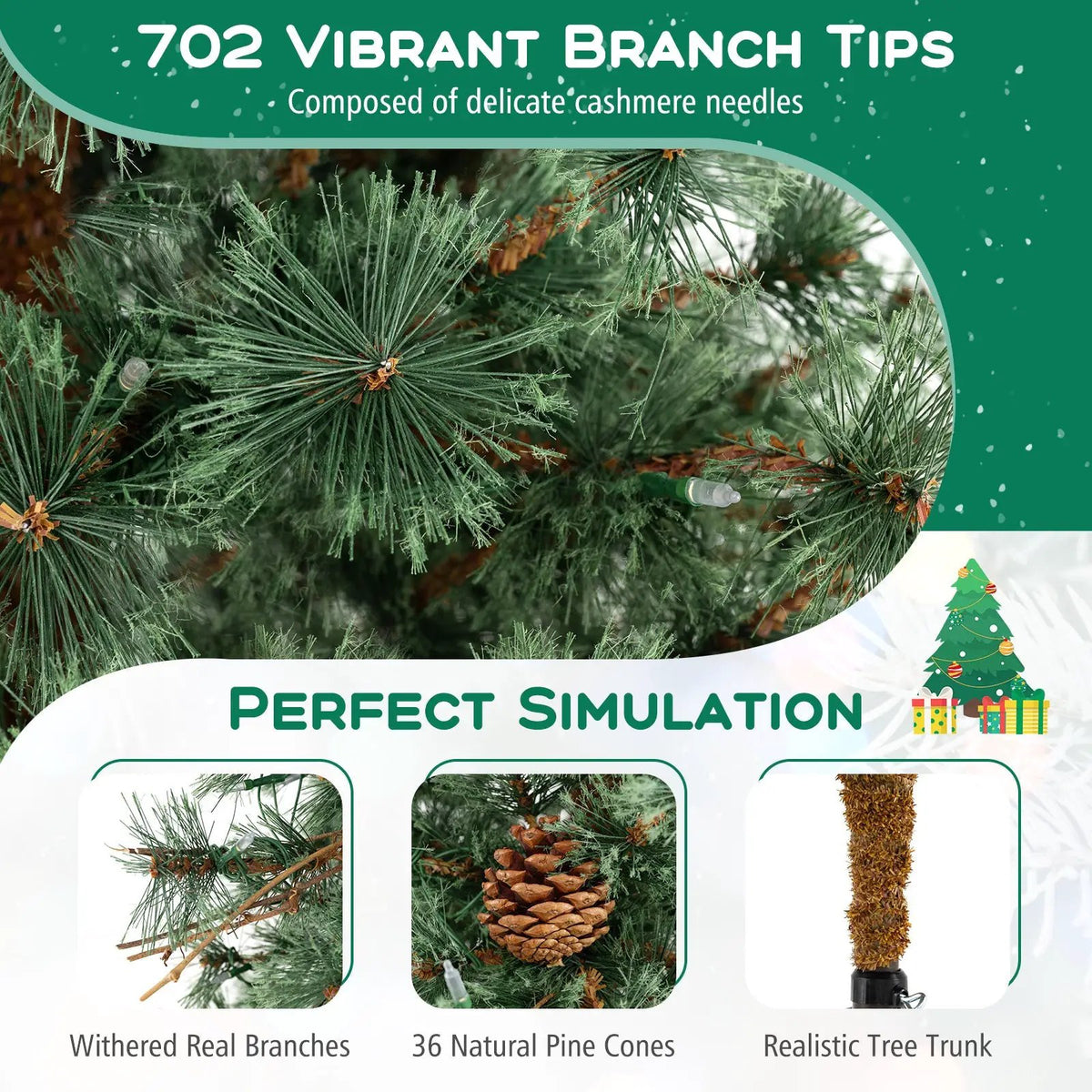 6/7/8 Feet Artificial Christmas Tree Pre-lit Hinged Xmas Tree with Warm White LED Lights and Pine Cones, photo 5 of 24