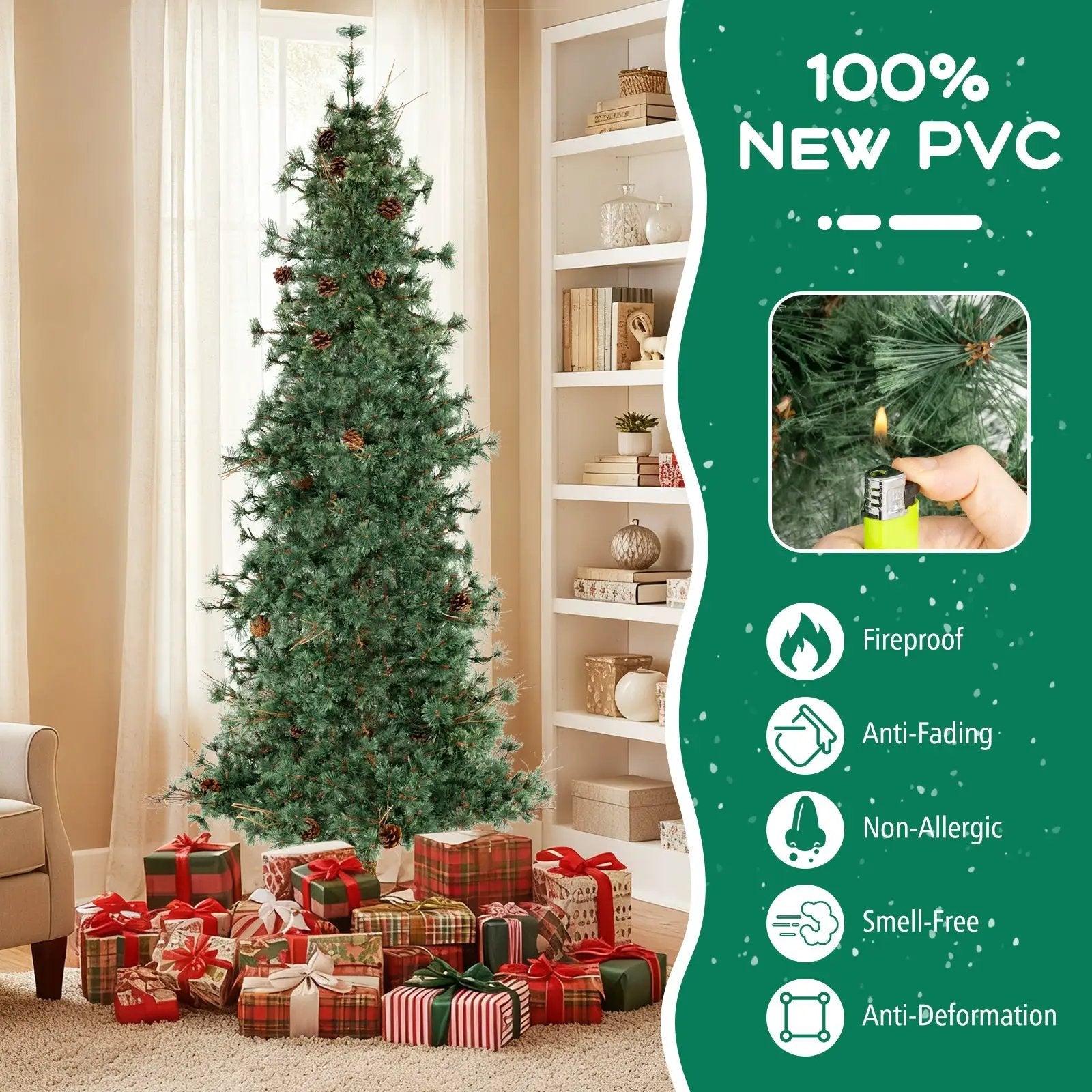6/7/8 Feet Artificial Christmas Tree Pre-lit Hinged Xmas Tree with Warm White LED Lights and Pine Cones by DirectDeals