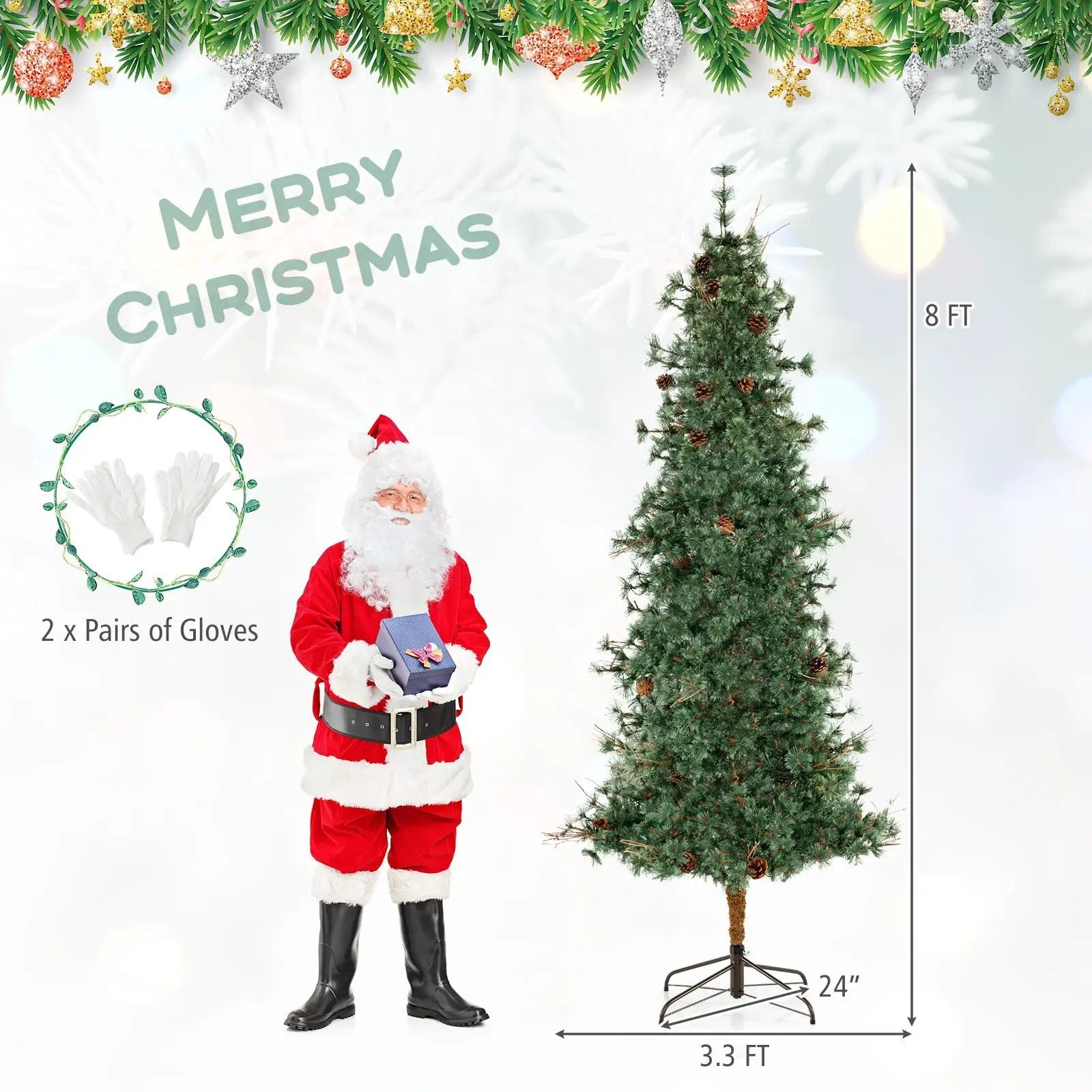 6/7/8 Feet Artificial Christmas Tree Pre-lit Hinged Xmas Tree with Warm White LED Lights and Pine Cones by DirectDeals