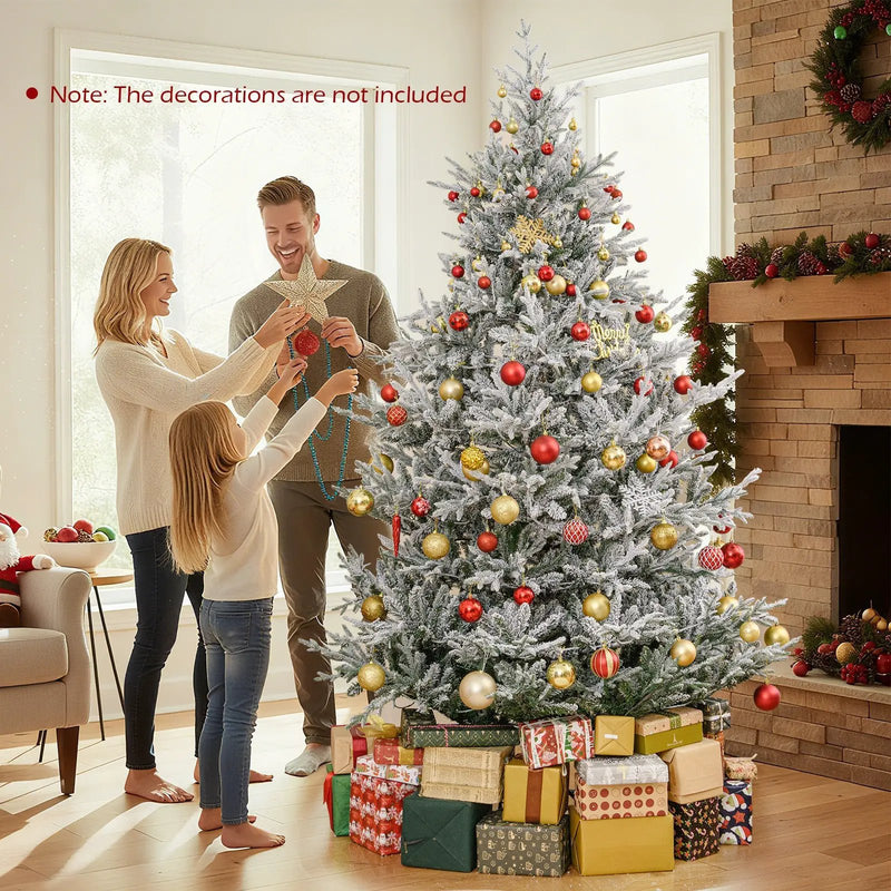 6/7/8 Feet Pre-Lit Artificial Christmas Tree Hinged Snow Flocked Xmas Tree by DirectDeals