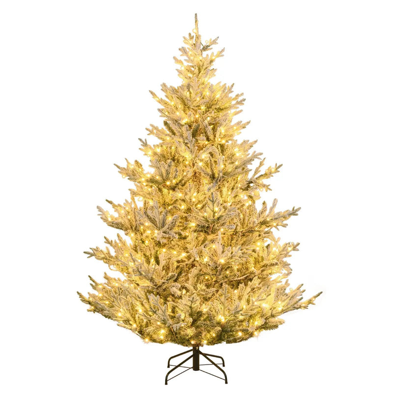 6/7/8 Feet Pre-Lit Artificial Christmas Tree Hinged Snow Flocked Xmas Tree by DirectDeals