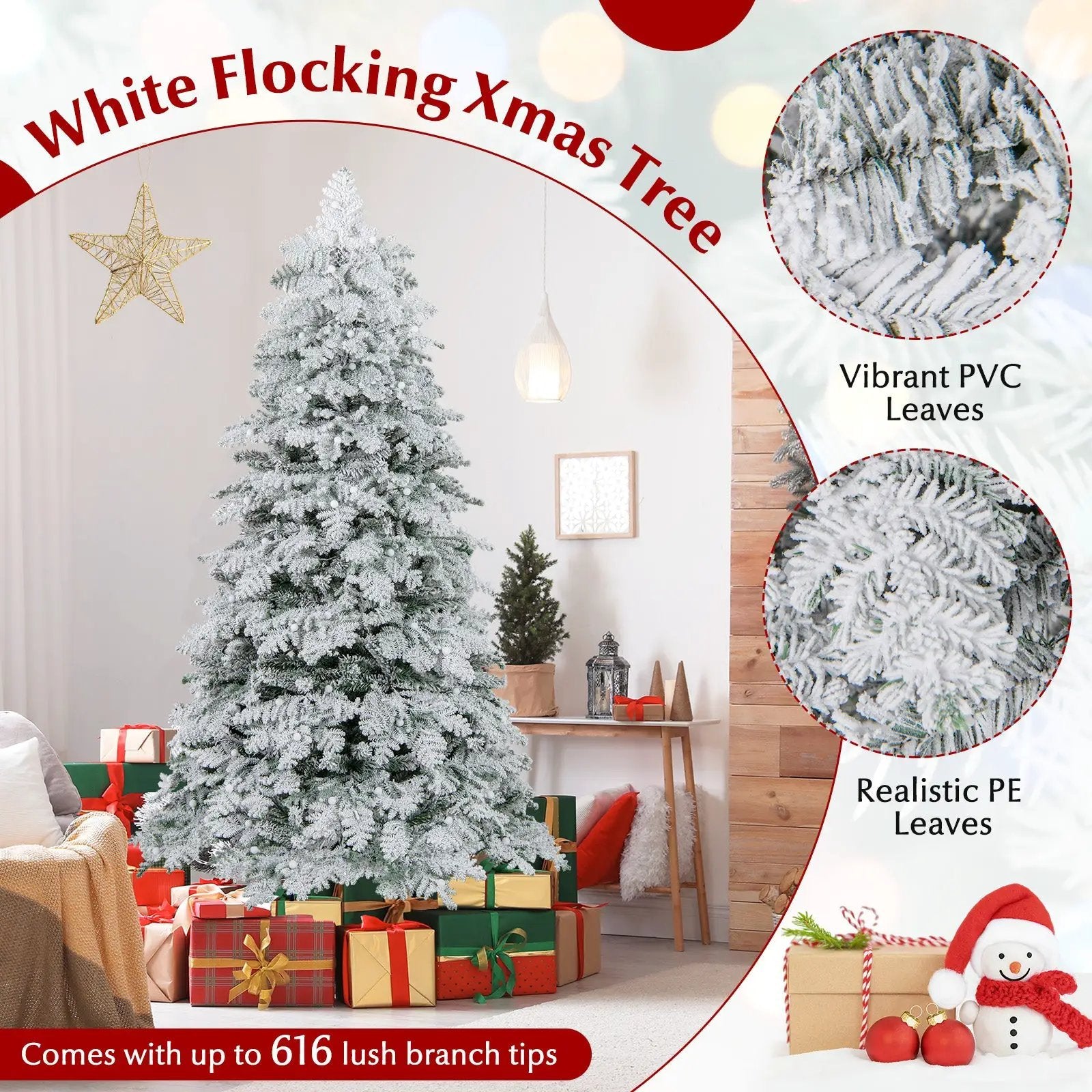 6/7 Feet Artificial Snow-flocked Christmas Tree Pre-lit Hinged Xmas Tree with 130 Twinkle Balls by DirectDeals
