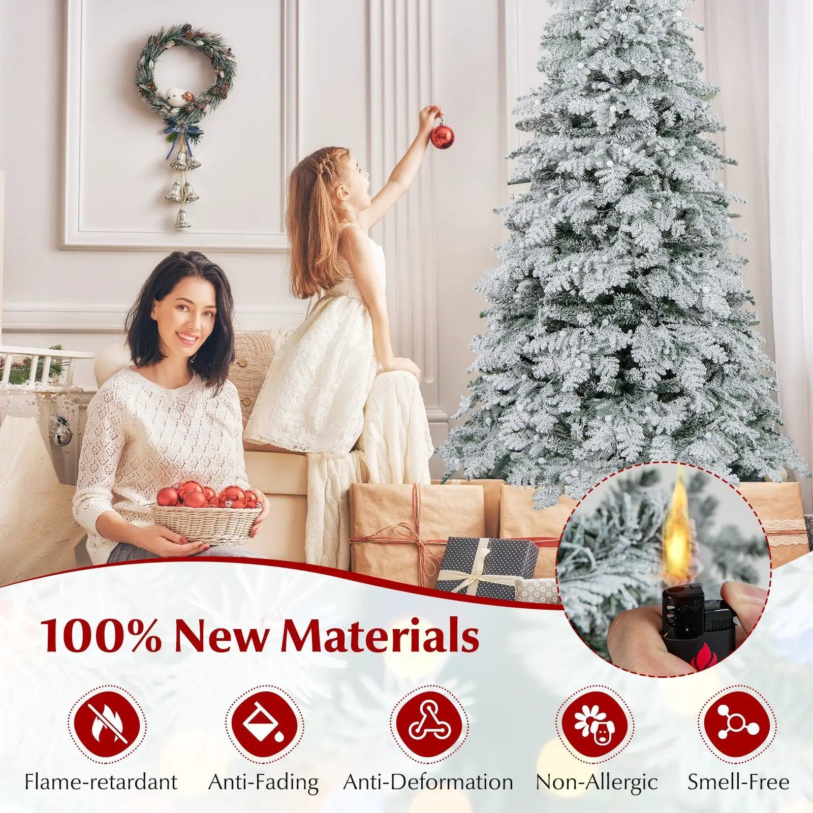 6/7 Feet Artificial Snow-flocked Christmas Tree Pre-lit Hinged Xmas Tree with 130 Twinkle Balls by DirectDeals