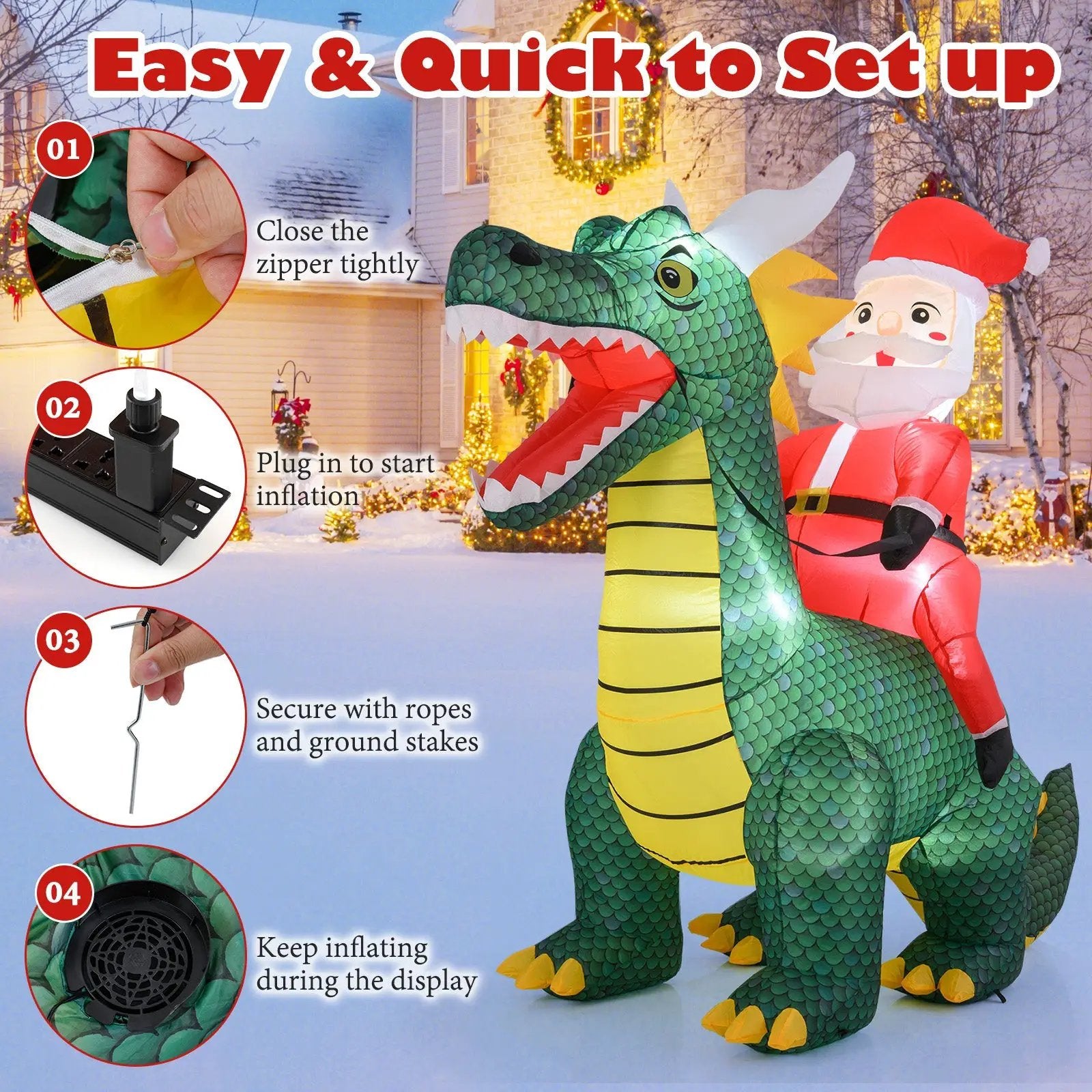 6.7 Feet Christmas Inflatable Santa Claus Ride on Dinosaur with Built-in LED Lights by DirectDeals