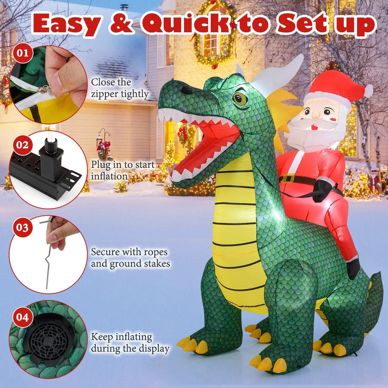 6.7 Feet Christmas Inflatable Santa Claus Ride on Dinosaur with Built-in LED Lights by DirectDeals