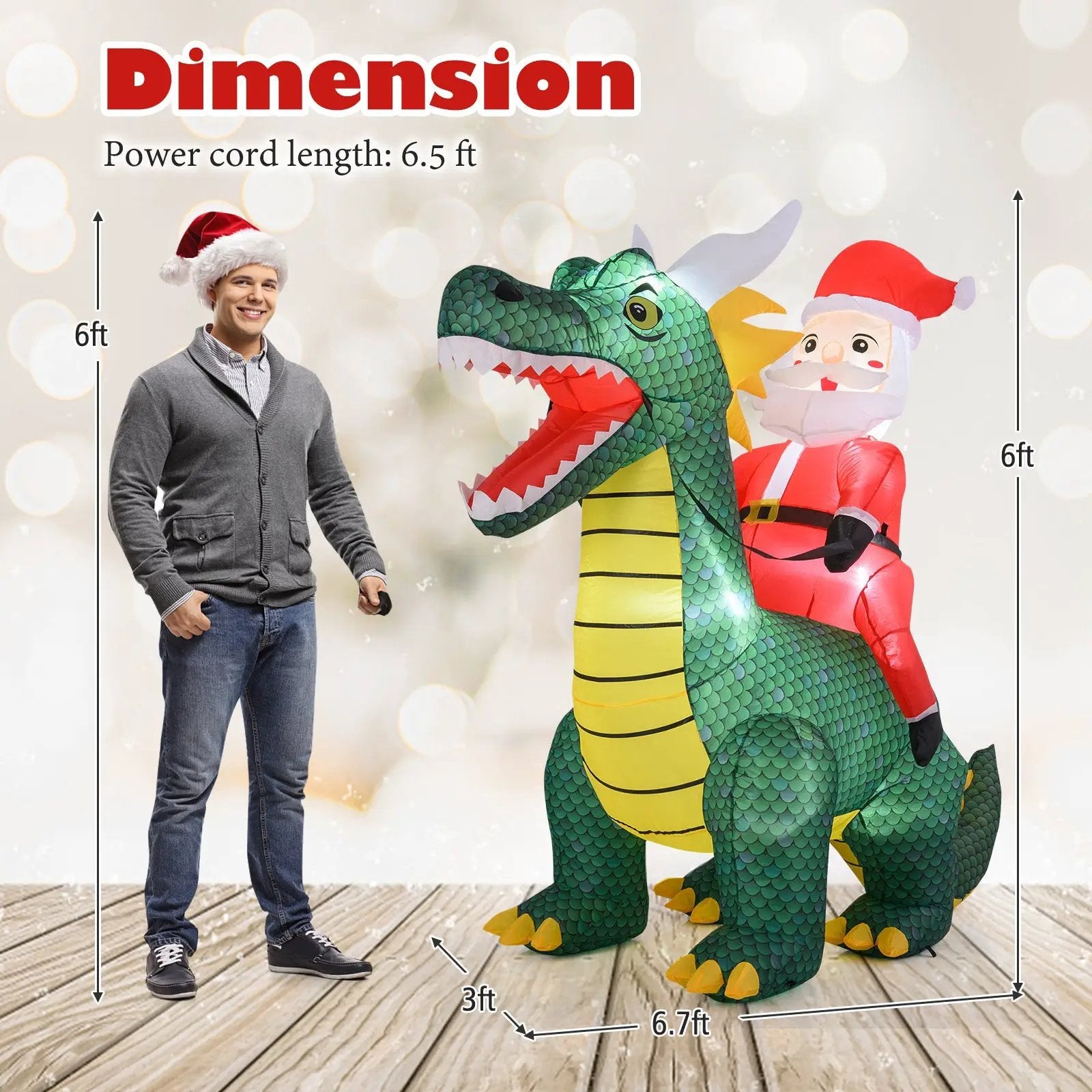 6.7 Feet Christmas Inflatable Santa Claus Ride on Dinosaur with Built-in LED Lights by DirectDeals