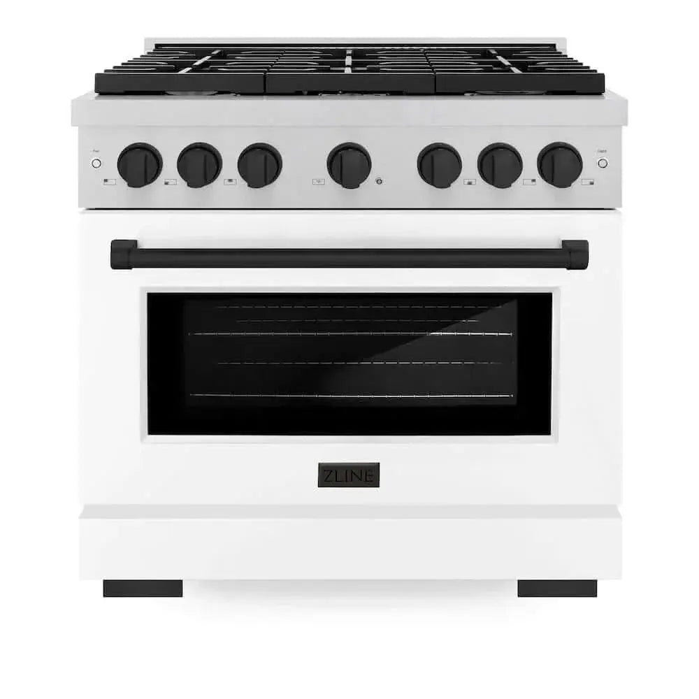 ZLINE 36"Gas Range, Convection Gas Oven, DuraSnow® White Matte, Matte Black SGRSZ-WM-36-MB by Farmhouse Kitchen and Bath