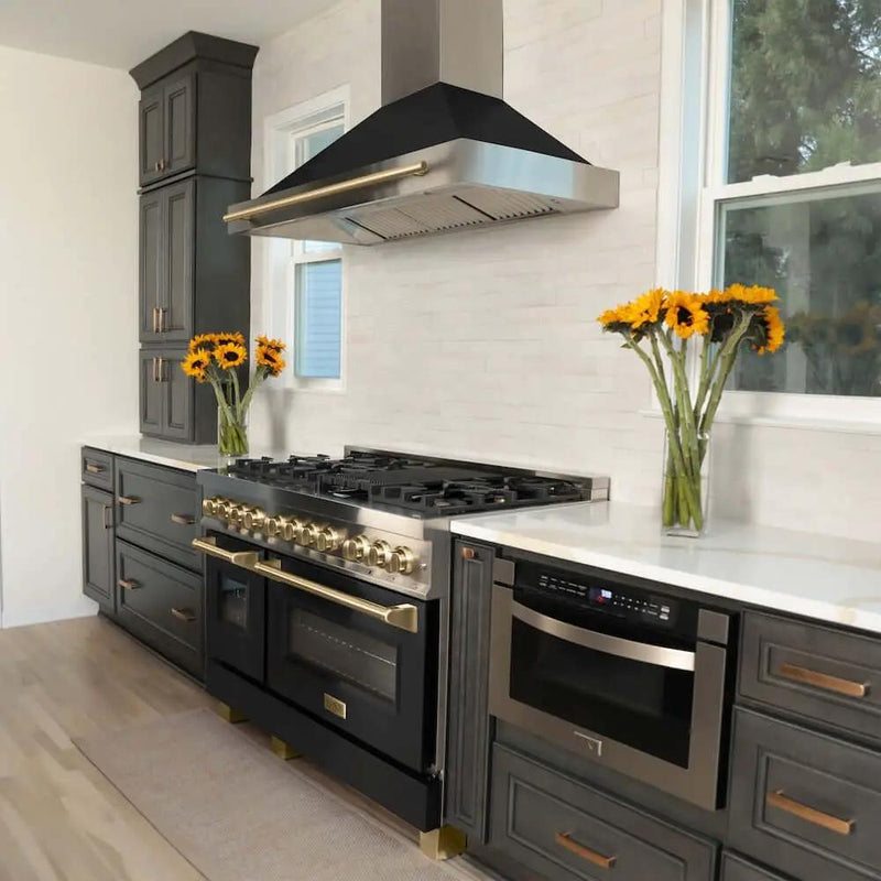 ZLINE 48" Autograph Dual Fuel Range, Black, Bronze, RAZ-BLM-48-CB by Farmhouse Kitchen and Bath