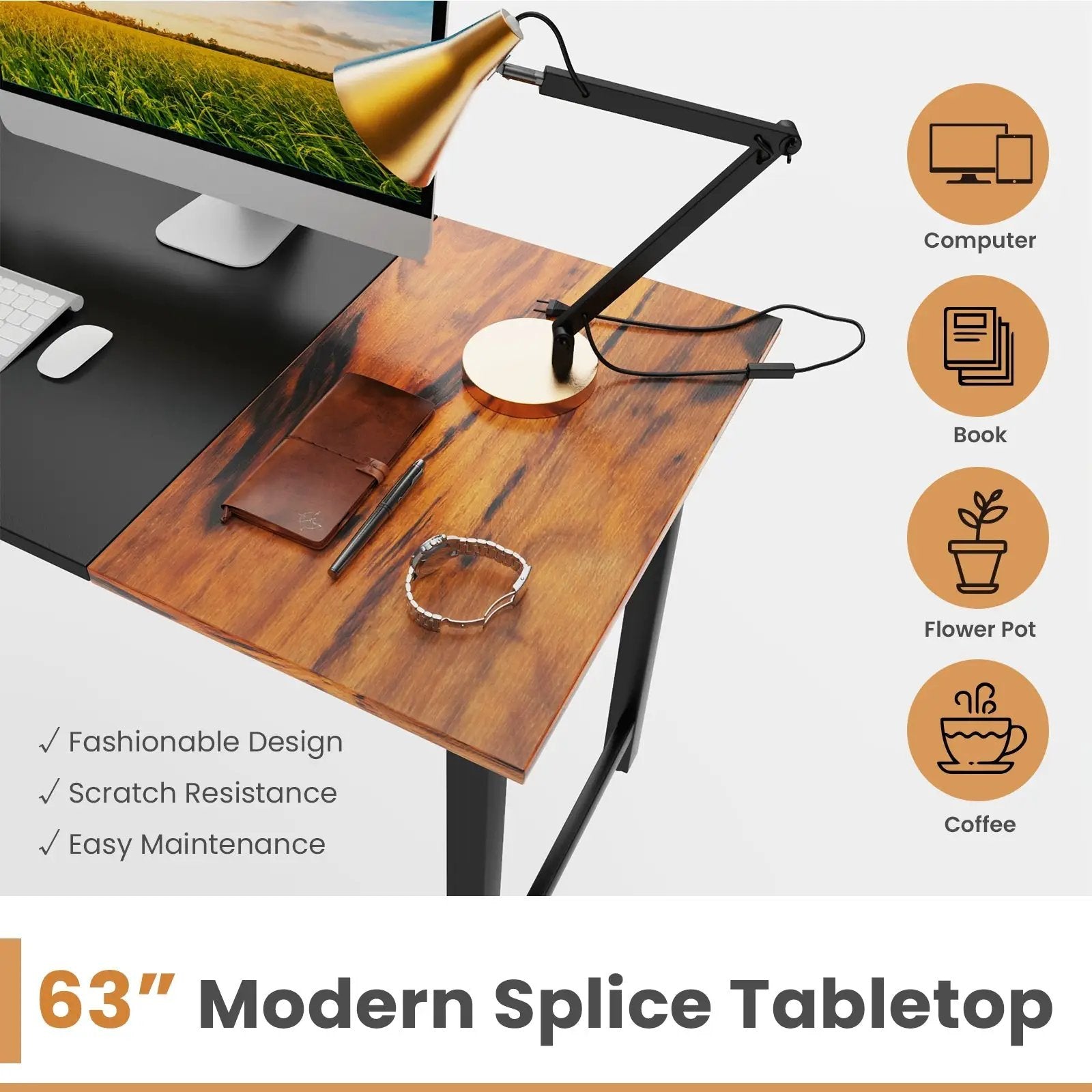 63 Inch Modern Splice Computer Desk with Heavy Duty Steel Frame by DirectDeals