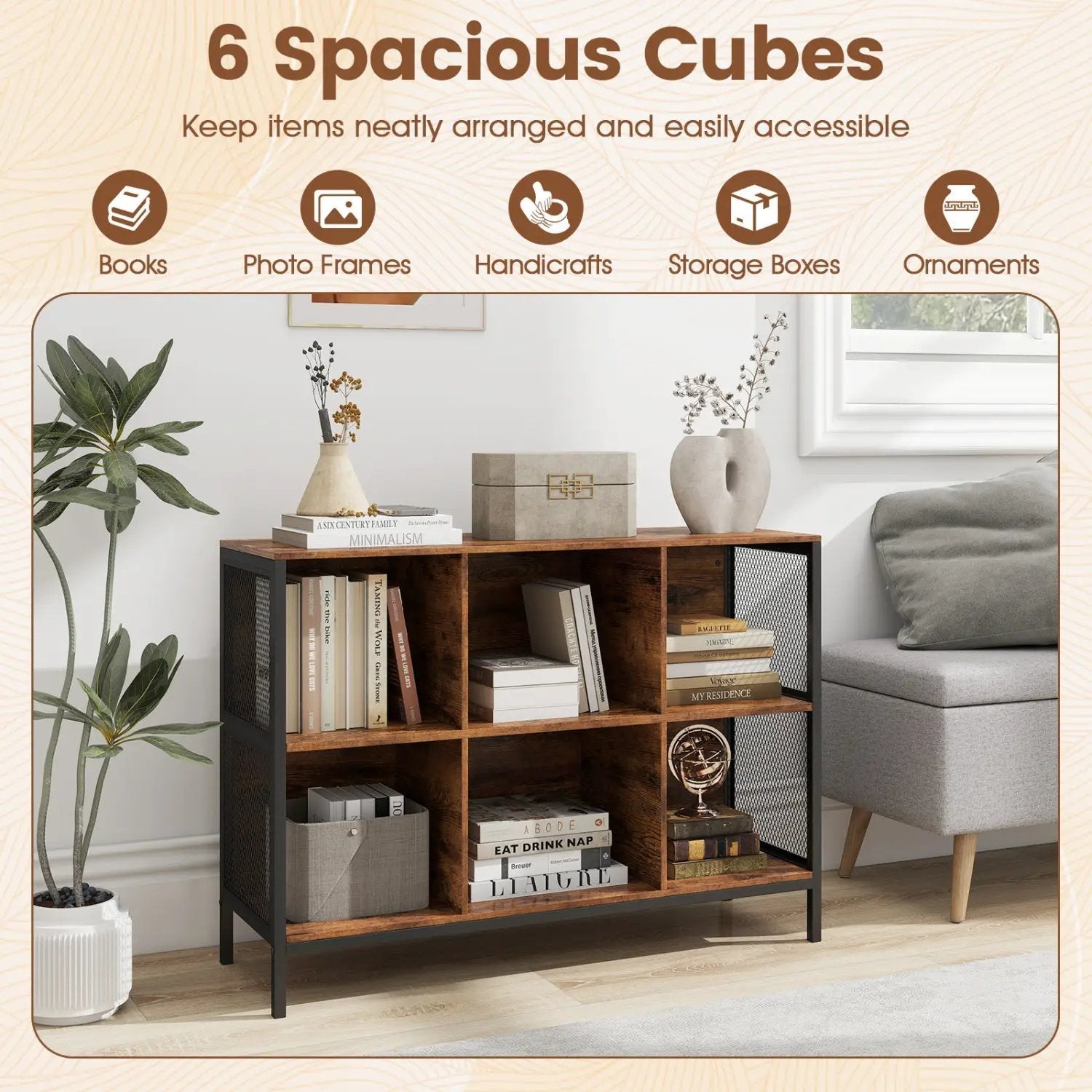 6 Cube Bookcase 42" Wide Horizontal Bookshelf with Accent Cubby Shelf by DirectDeals
