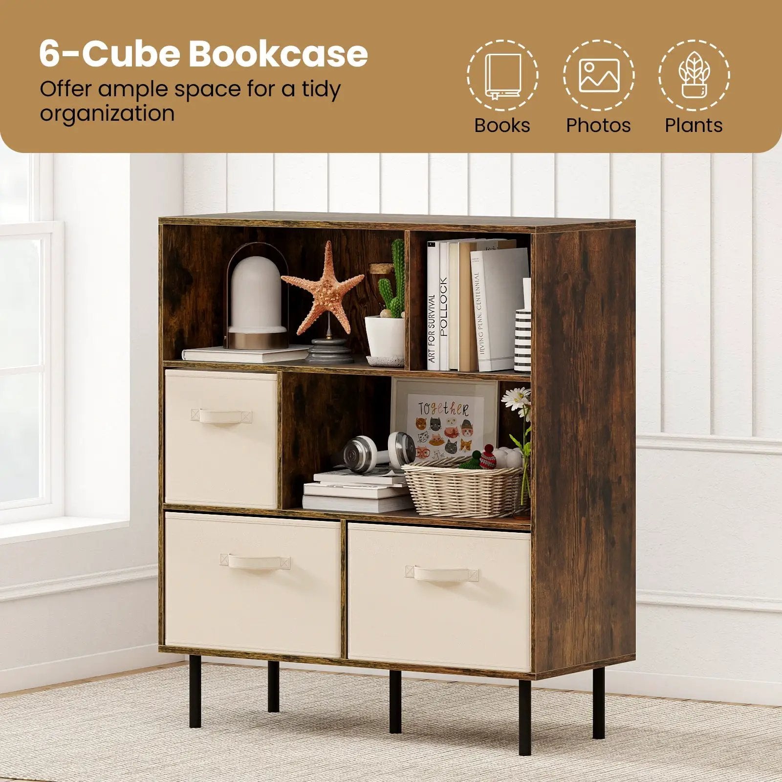 6-Cube Bookshelf with 3 Removable Folding Fabric Drawers for Living Room by DirectDeals