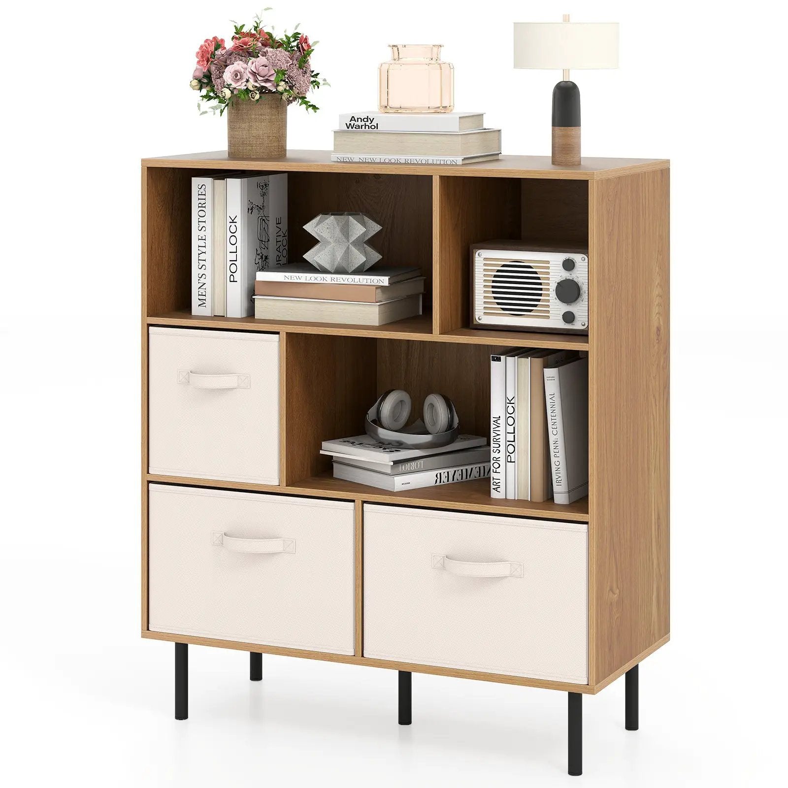 6-Cube Bookshelf with 3 Removable Folding Fabric Drawers for Living Room by DirectDeals