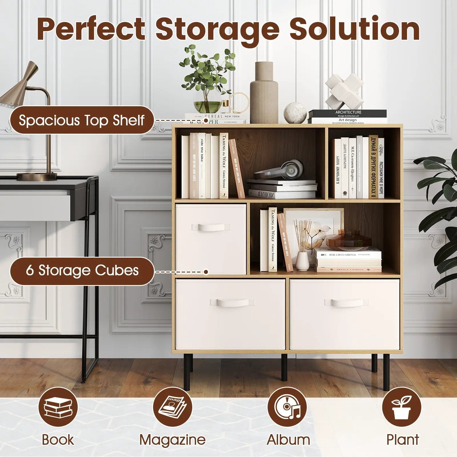 6-Cube Bookshelf with 3 Removable Folding Fabric Drawers for Living Room by DirectDeals