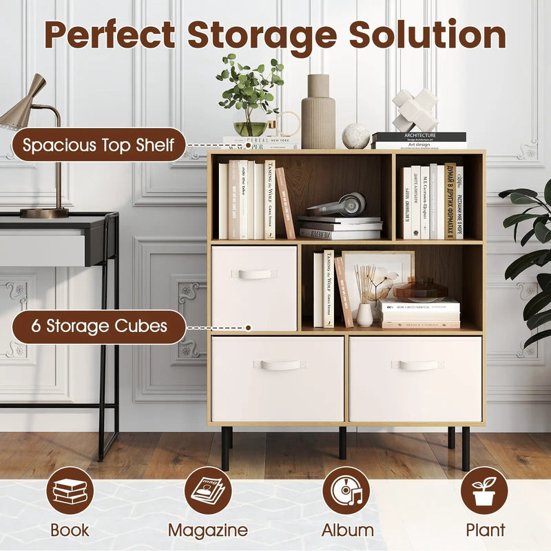 6-Cube Bookshelf with 3 Removable Folding Fabric Drawers for Living Room by DirectDeals