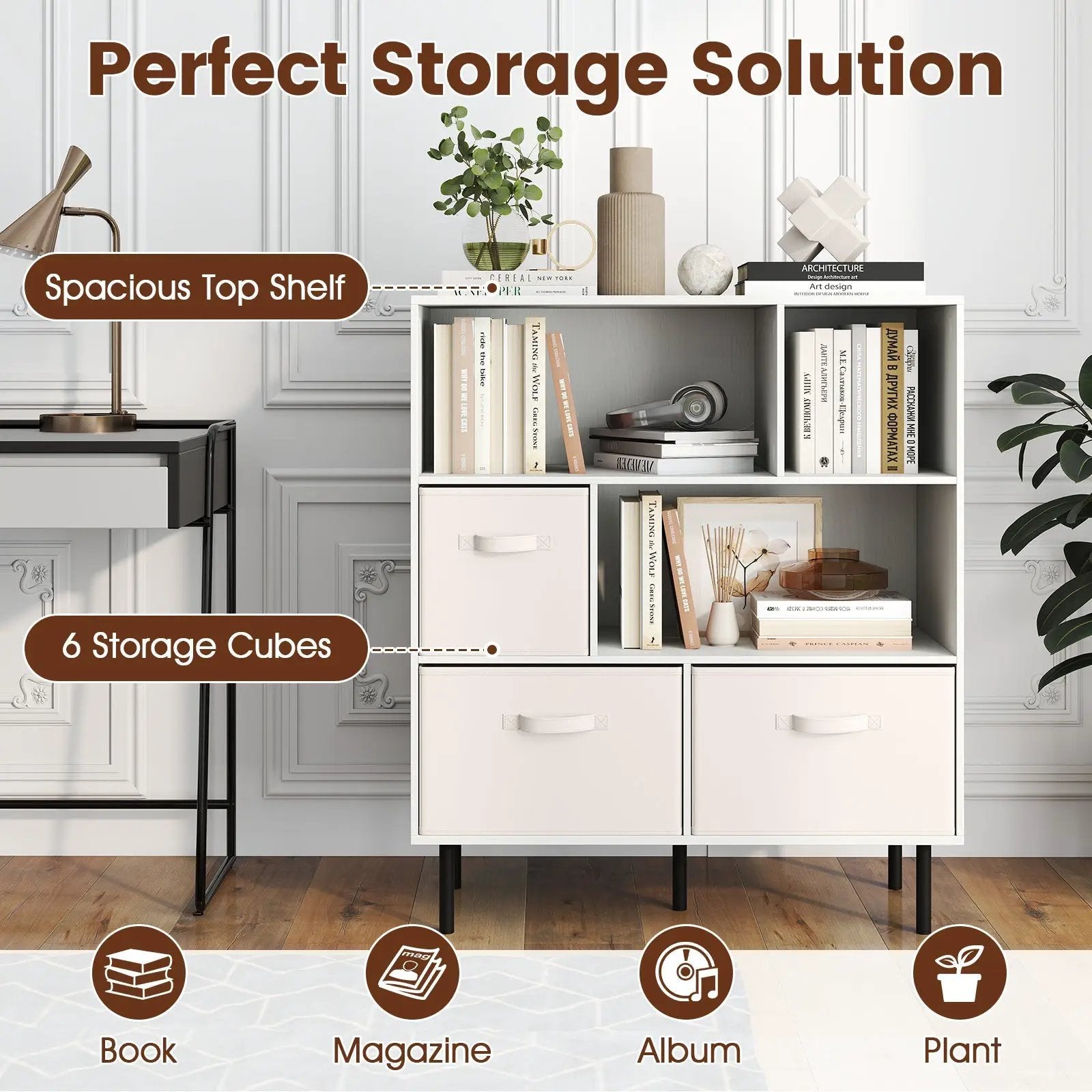 6-Cube Bookshelf with 3 Removable Folding Fabric Drawers for Living Room by DirectDeals