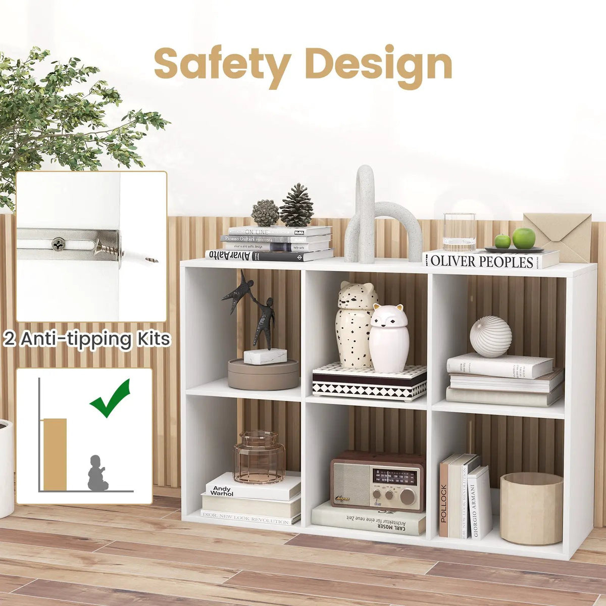 6 Cube Bookshelf with Back Guardrail for Living Room Bedroom, photo 7 of 11