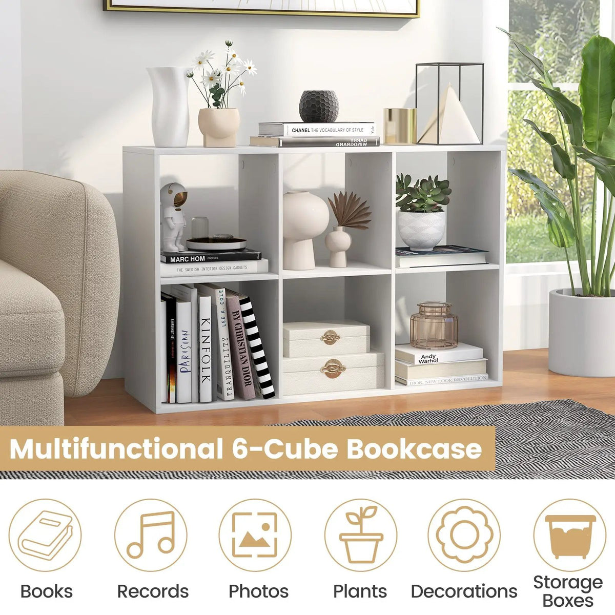 6 Cube Bookshelf with Back Guardrail for Living Room Bedroom, photo 8 of 11