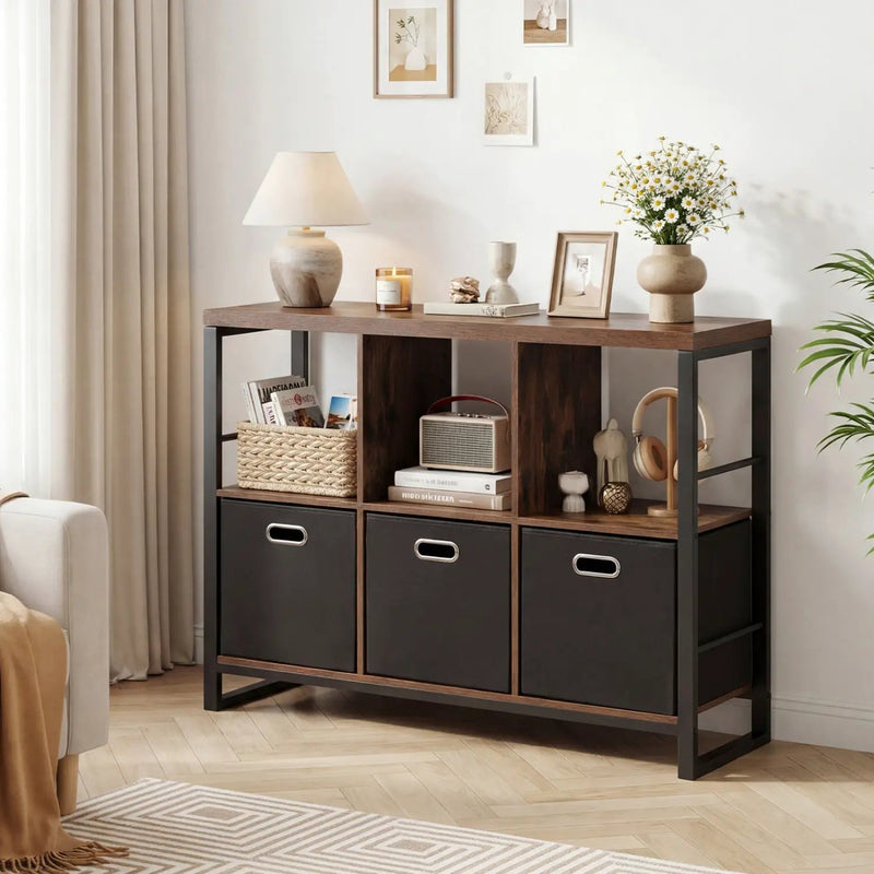 6-Cube Industrial Bookshelf with Storage Bins & Metal Frame by DirectDeals