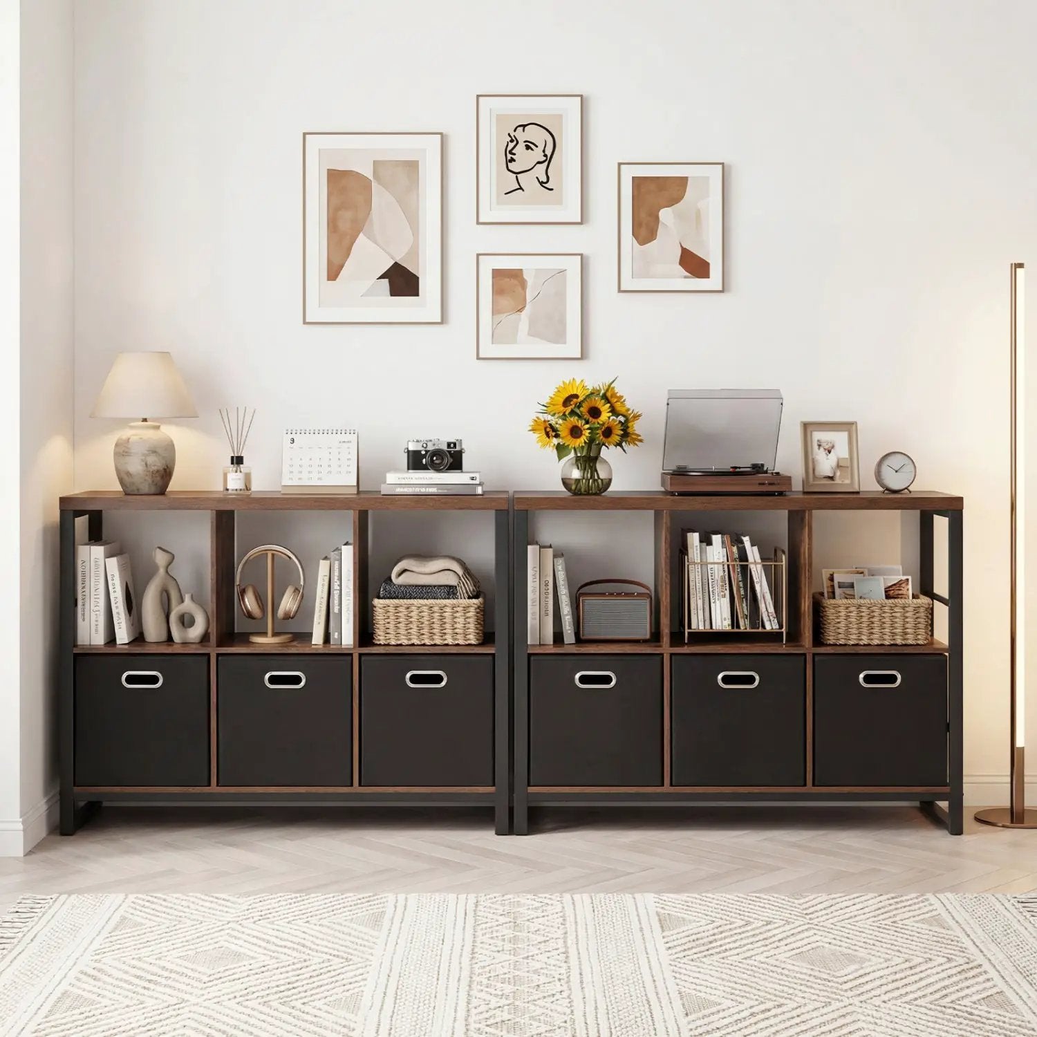 6-Cube Industrial Bookshelf with Storage Bins & Metal Frame by DirectDeals