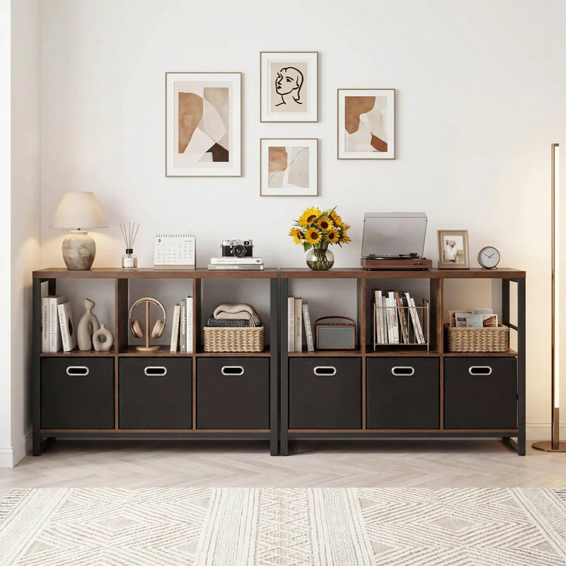 6-Cube Industrial Bookshelf with Storage Bins & Metal Frame by DirectDeals