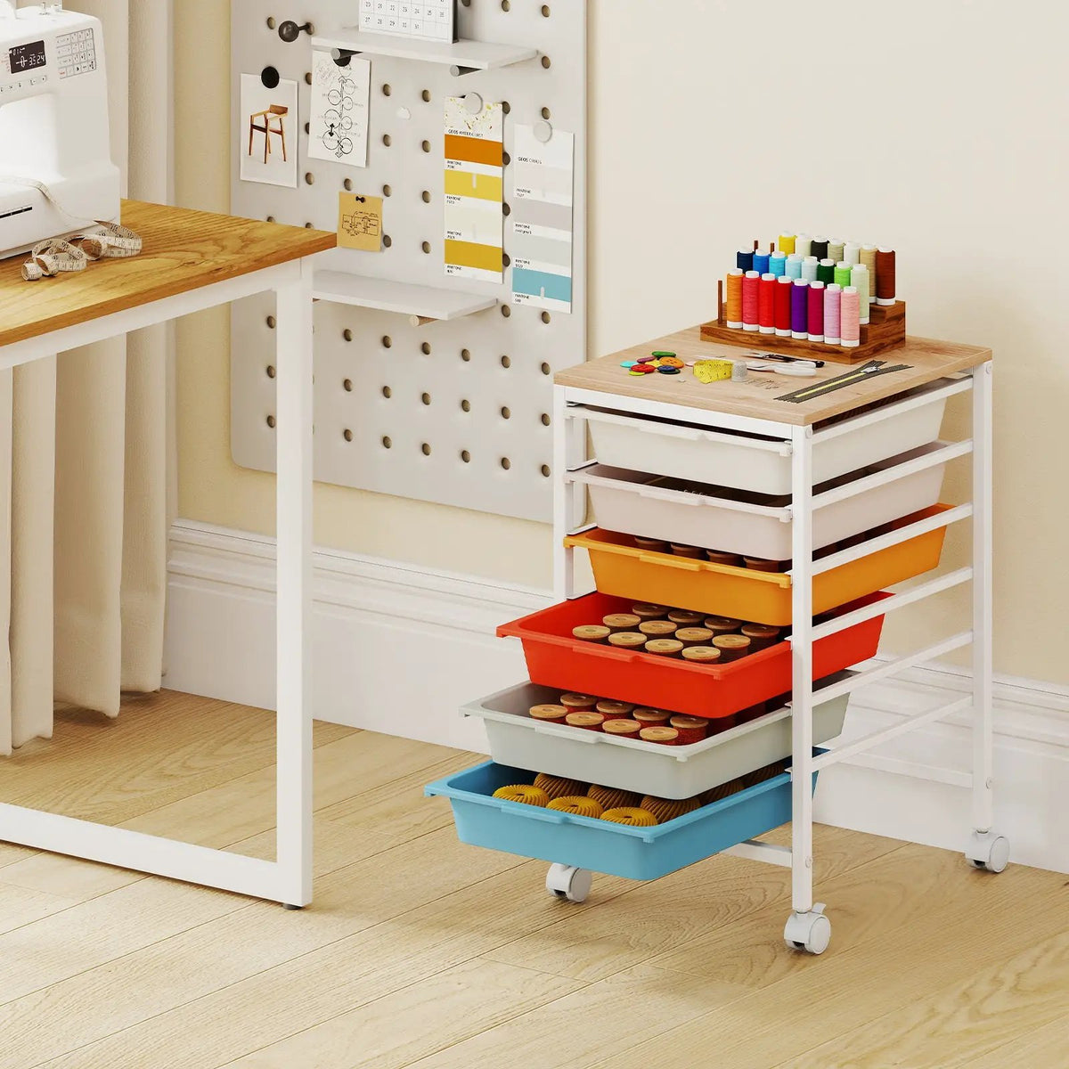 6-Drawer Rolling Storage Cart with Wooden Tabletop, photo 3 of 16