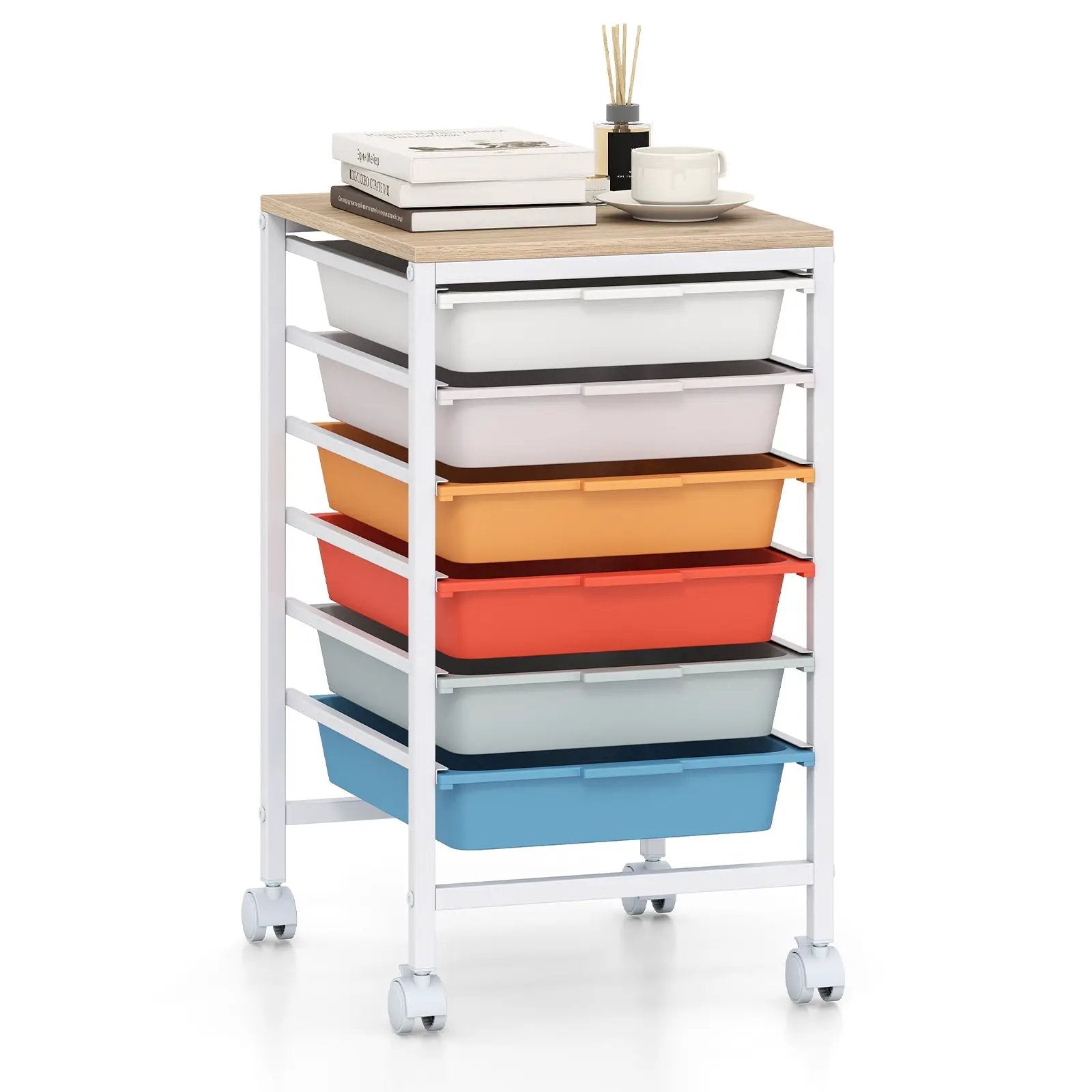 6-Drawer Rolling Storage Cart with Wooden Tabletop by DirectDeals
