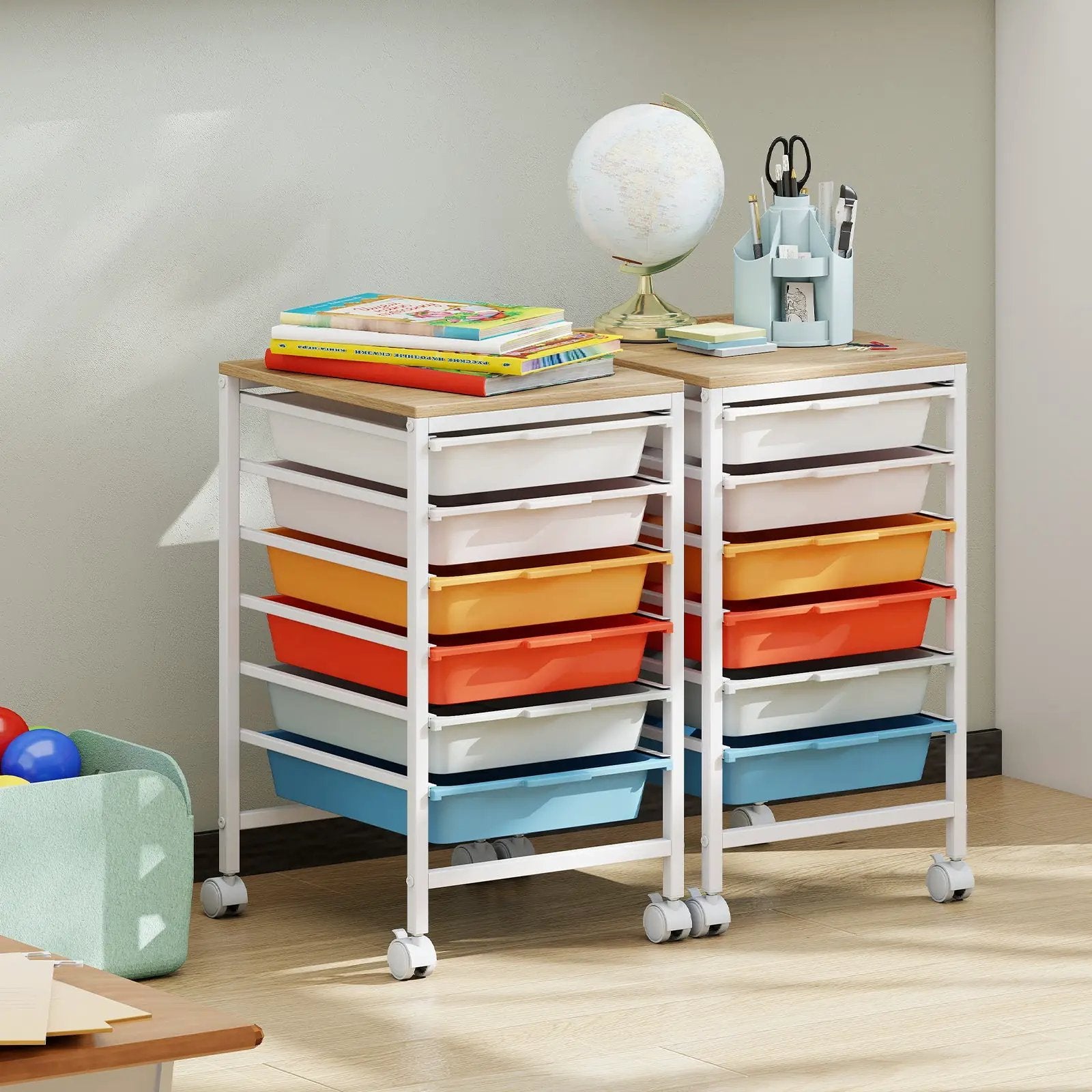 6-Drawer Rolling Storage Cart with Wooden Tabletop by DirectDeals