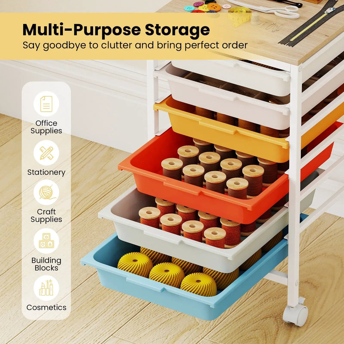 6-Drawer Rolling Storage Cart with Wooden Tabletop, photo 15 of 16