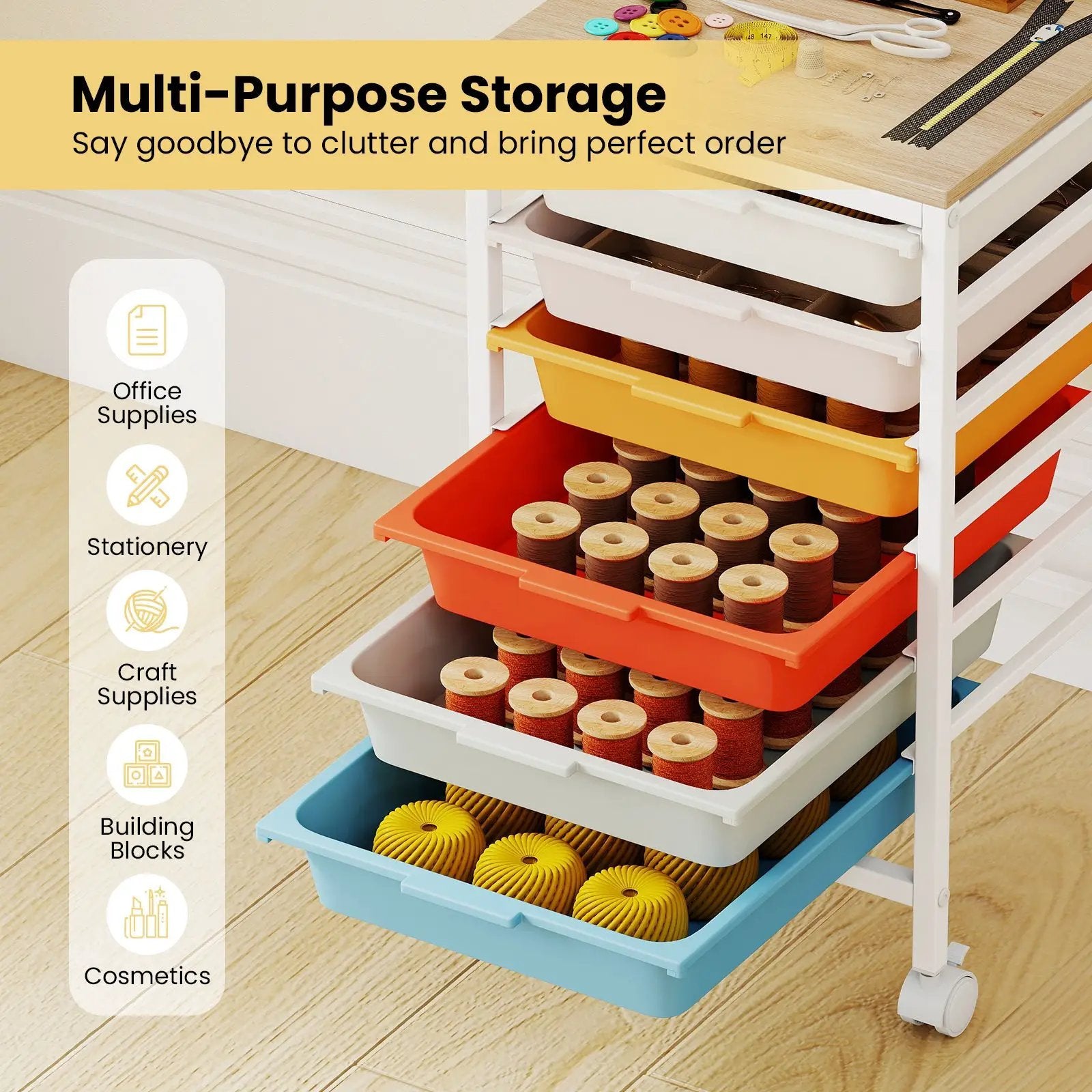 6-Drawer Rolling Storage Cart with Wooden Tabletop by DirectDeals