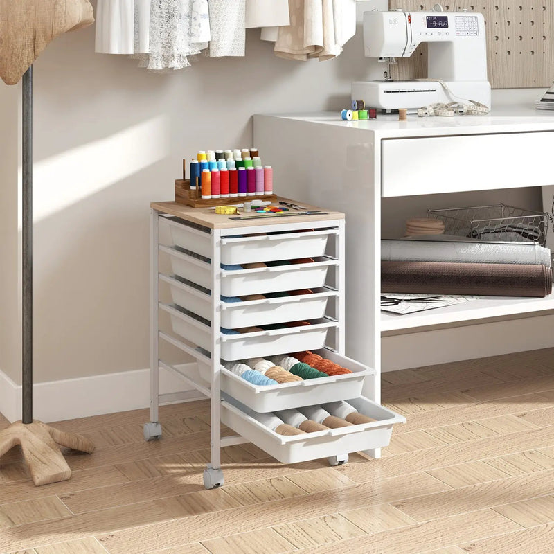 6-Drawer Rolling Storage Cart with Wooden Tabletop by DirectDeals