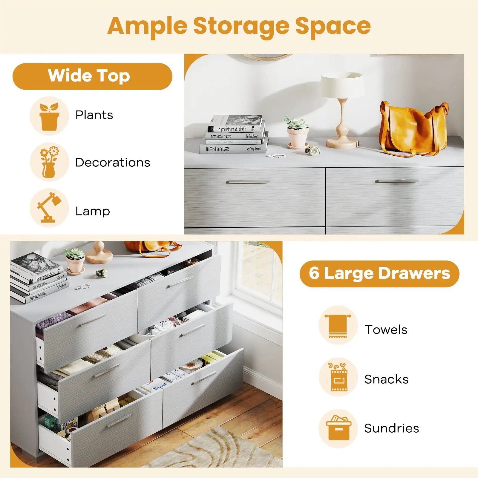 6 Drawer Storage Cabinet with Metal Legs Handles with Anti-Toppling Devices-Grey by DirectDeals