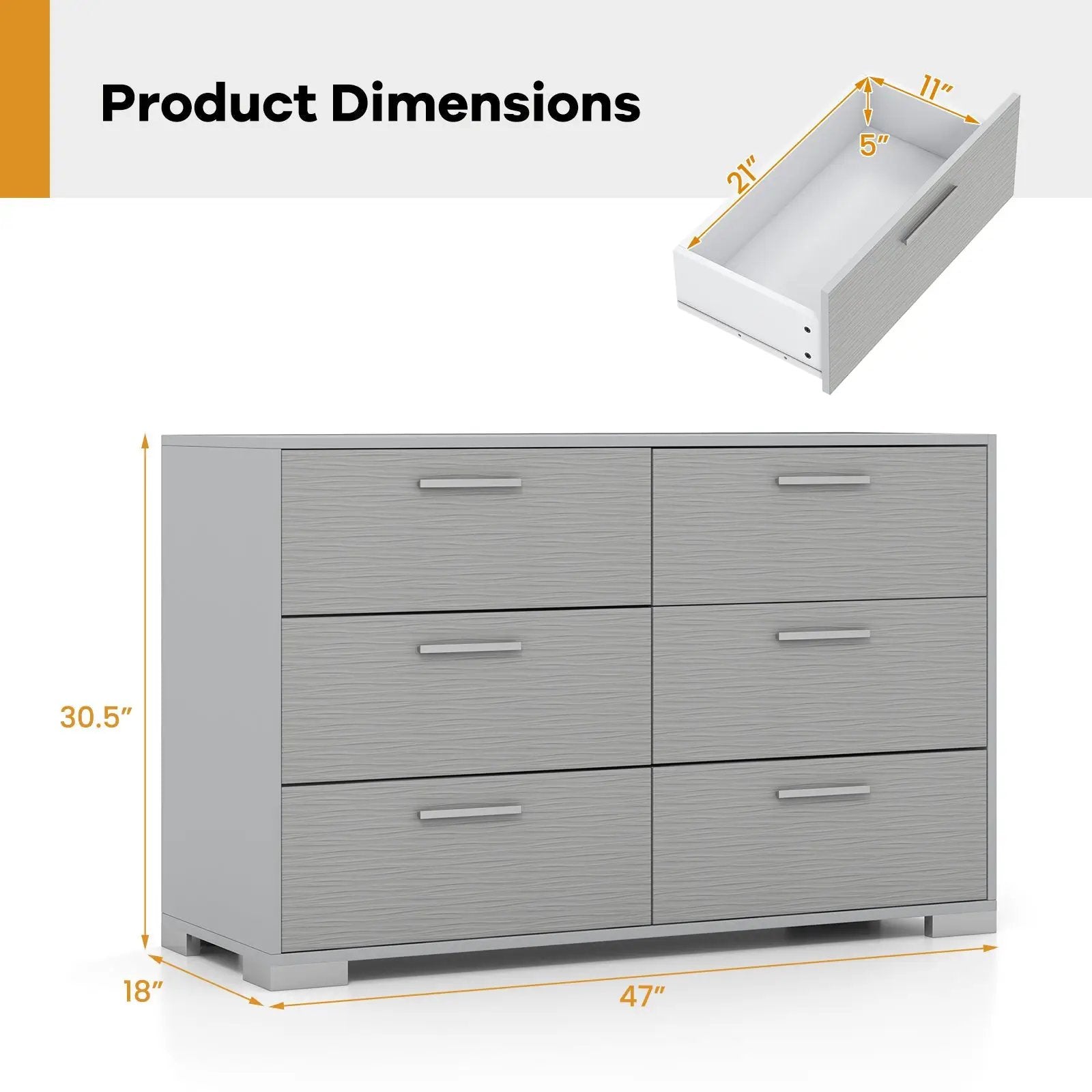 6 Drawer Storage Cabinet with Metal Legs Handles with Anti-Toppling Devices-Grey by DirectDeals