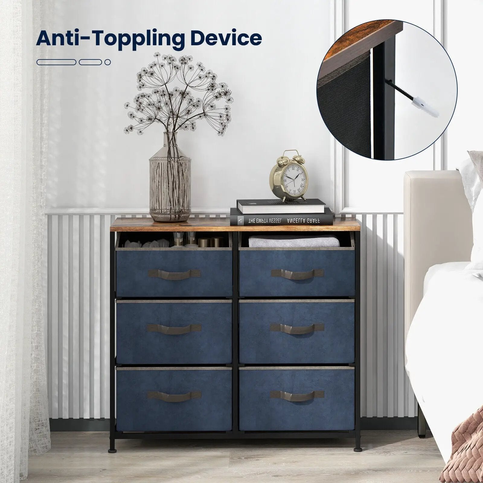 6-Drawer Dresser with Metal Frame and Anti-toppling Devices-Rustic Brown by DirectDeals