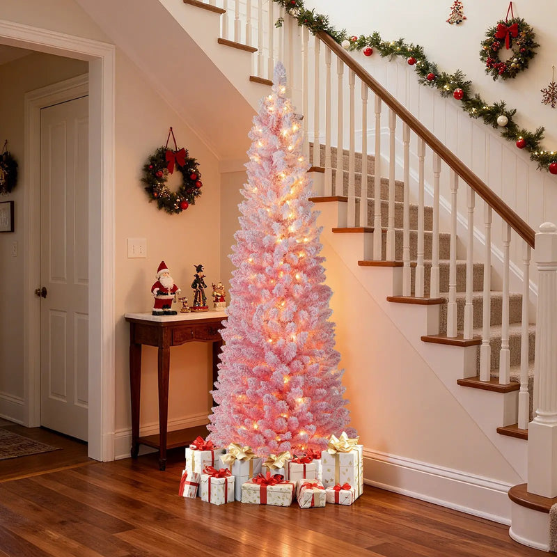 6 FTSnow-flocked Artificial Pink Christmas Tree Pre-lit Hinged Xmas Tree for Holiday Decoration by DirectDeals