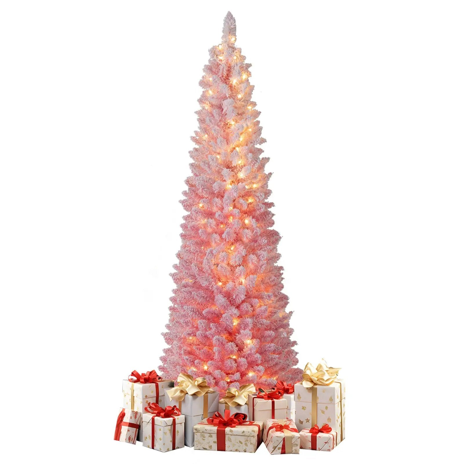 6 FTSnow-flocked Artificial Pink Christmas Tree Pre-lit Hinged Xmas Tree for Holiday Decoration by DirectDeals