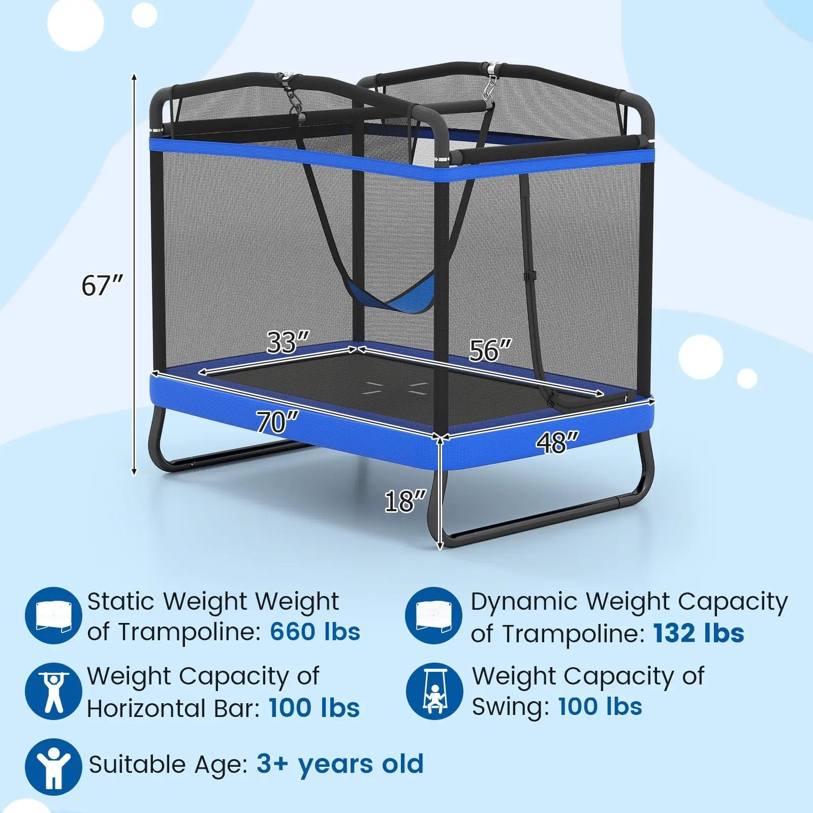 6 FT Kids Trampoline with Swing and Horizontal Bar Small Rectangle Trampoline by DirectDeals