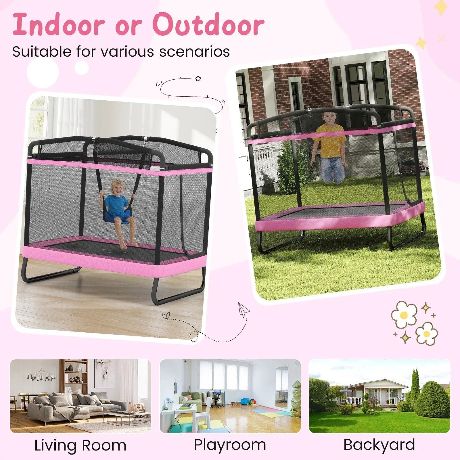 6 FT Kids Trampoline with Swing and Horizontal Bar Small Rectangle Trampoline by DirectDeals