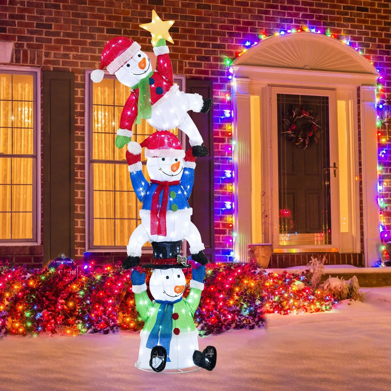 6 FT Pre-Lit Stacked Snowman Set with 155 LED Lights and Ground Stakes by DirectDeals