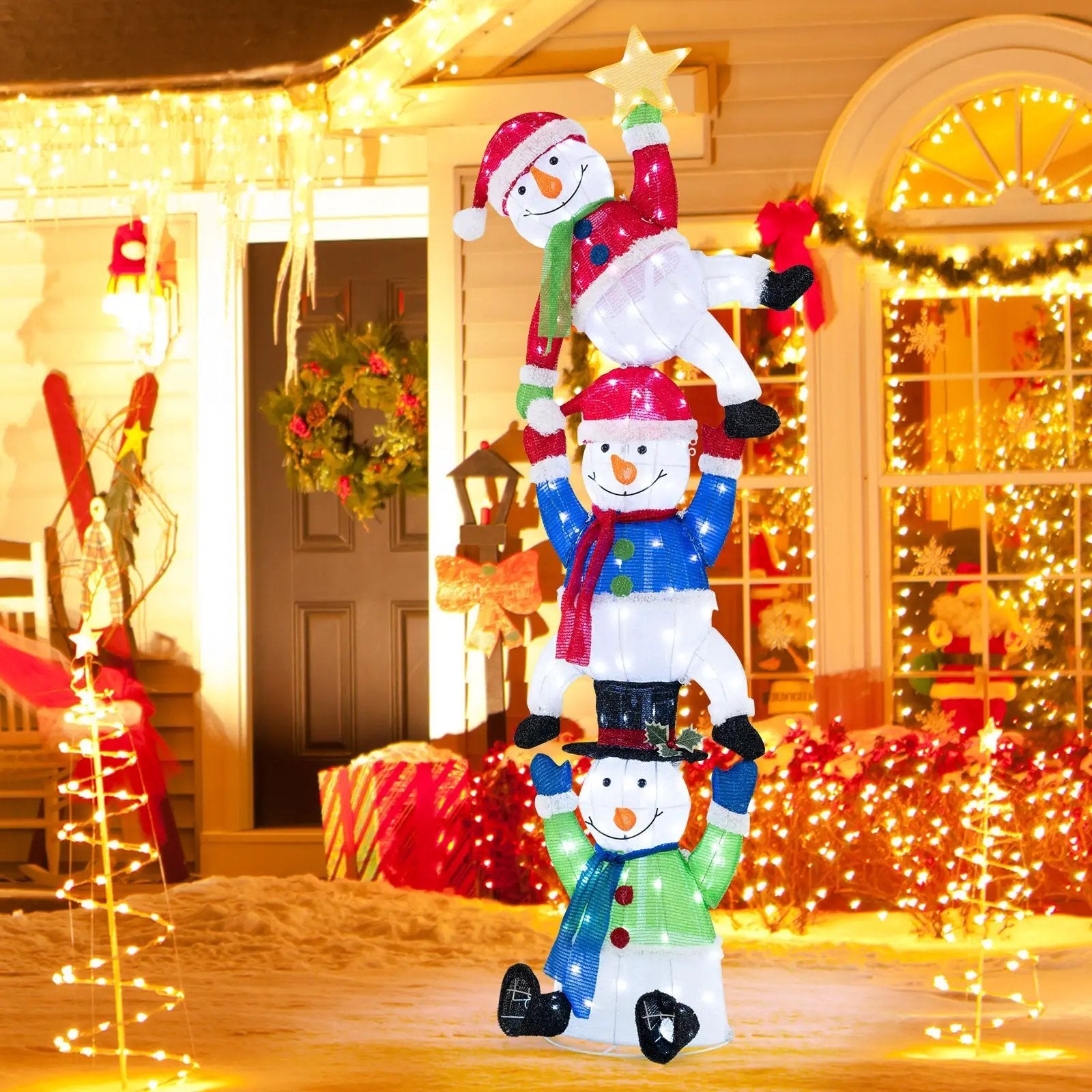 6 FT Pre-Lit Stacked Snowman Set with 155 LED Lights and Ground Stakes by DirectDeals