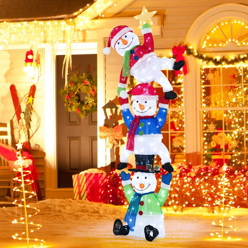 6 FT Pre-Lit Stacked Snowman Set with 155 LED Lights and Ground Stakes by DirectDeals