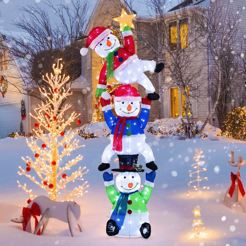 6 FT Pre-Lit Stacked Snowman Set with 155 LED Lights and Ground Stakes by DirectDeals