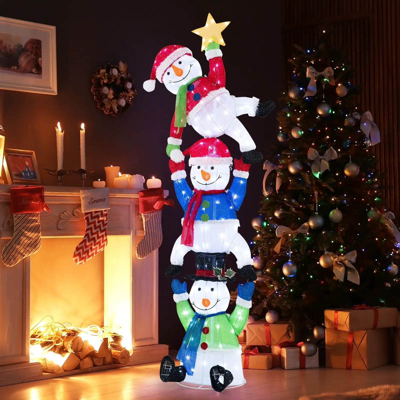 6 FT Pre-Lit Stacked Snowman Set with 155 LED Lights and Ground Stakes by DirectDeals