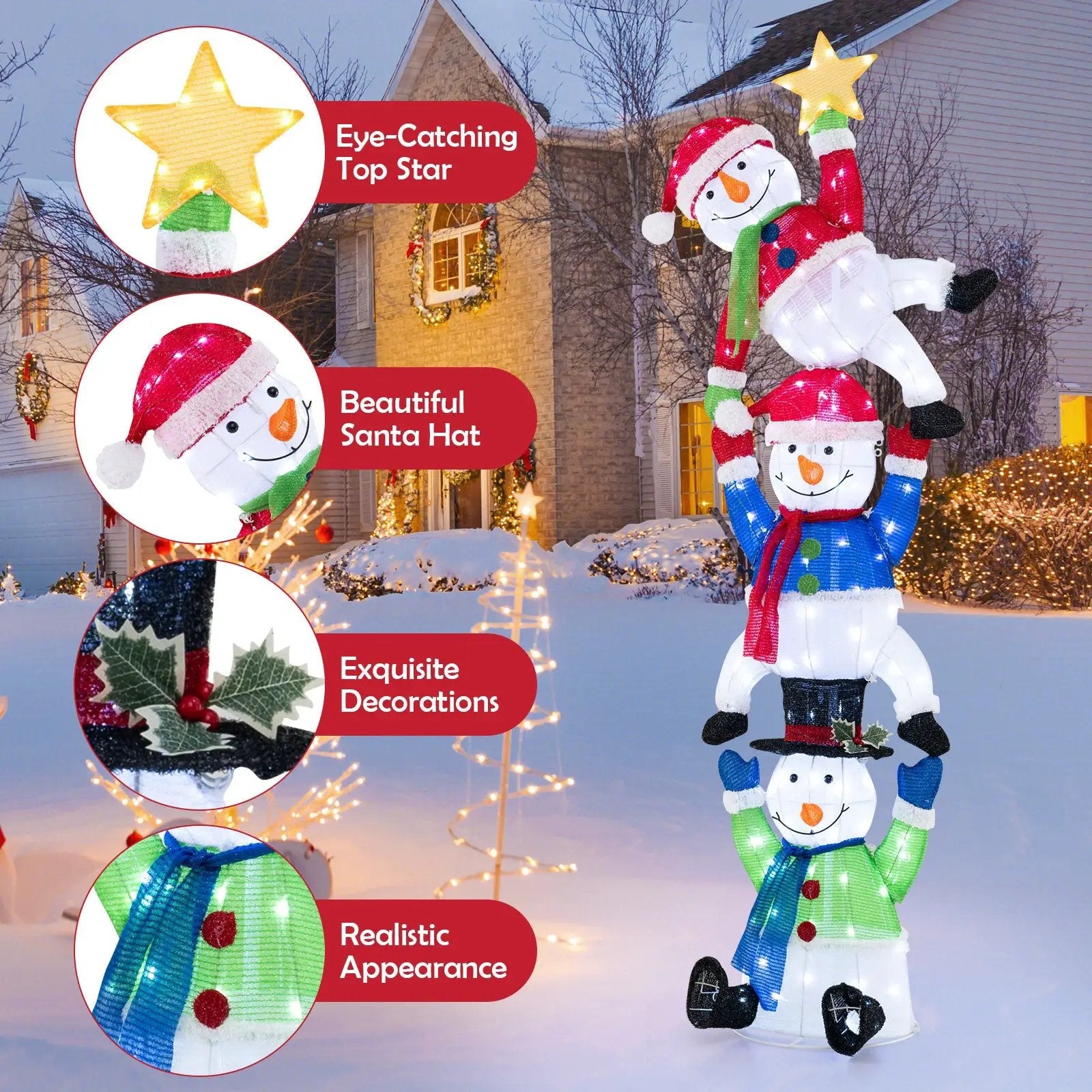6 FT Pre-Lit Stacked Snowman Set with 155 LED Lights and Ground Stakes by DirectDeals