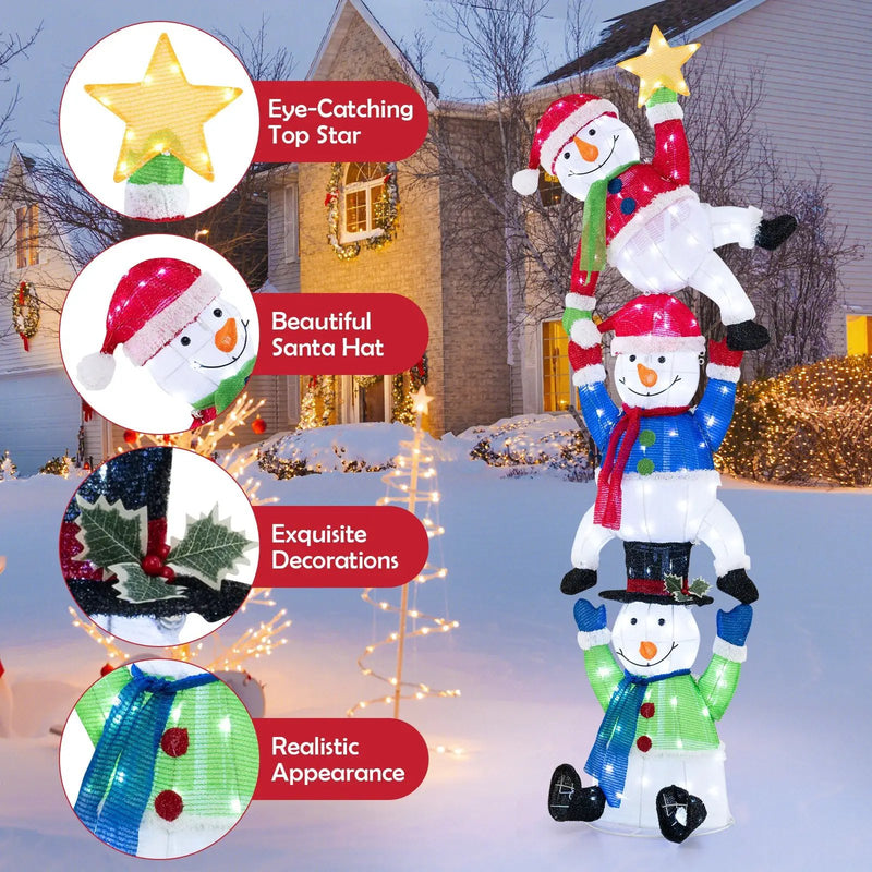 6 FT Pre-Lit Stacked Snowman Set with 155 LED Lights and Ground Stakes by DirectDeals