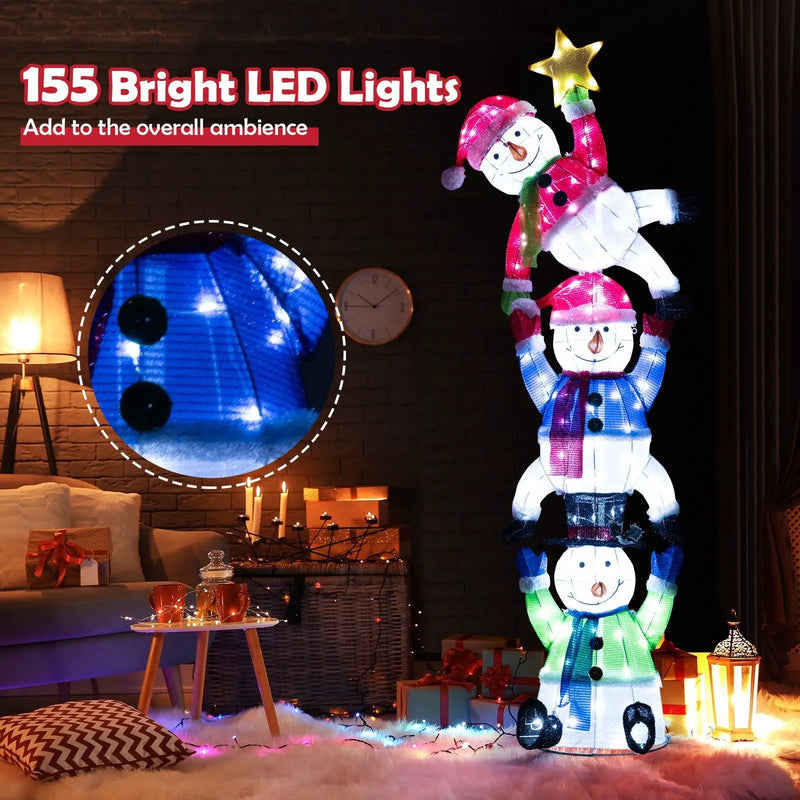 6 FT Pre-Lit Stacked Snowman Set with 155 LED Lights and Ground Stakes by DirectDeals