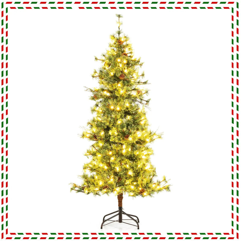 6/7/8 Feet Artificial Christmas Tree Pre-lit Hinged Xmas Tree with Warm White LED Lights and Pine Cones by DirectDeals